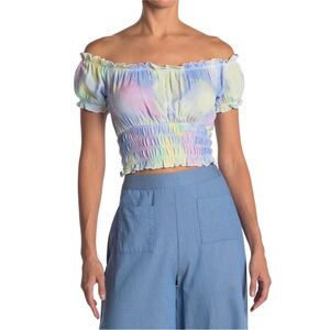 NEW Abound Nordstrom Green Multi Tie-Dye Off-the-Shoulder Cinched Crop Top M